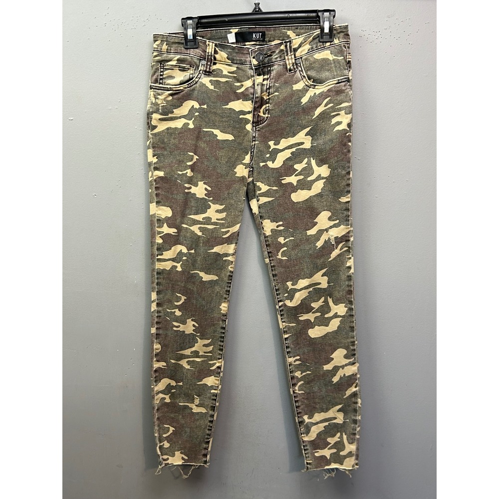 Kut from the Kloth Connie Ankle Skinny Camo Jeans Womens 6 Raw Hem Green